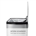 RVS pedaalemmer met intern scharnier en open deksel. Tekst: INTERN SCHARNIE.