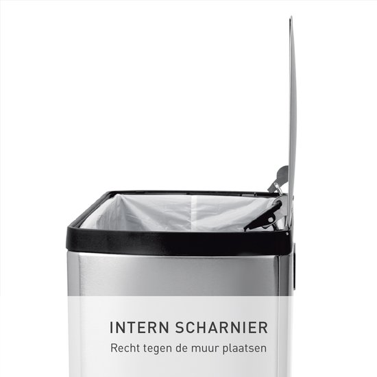 RVS pedaalemmer met intern scharnier en open deksel. Tekst: INTERN SCHARNIE.