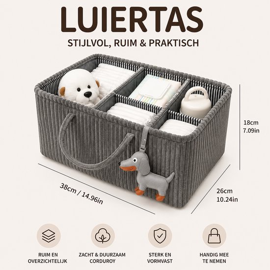 Opvouwbare Luiertas Organizer Bruin - Corduroy Luiermand met Vakken en Verdelers - Baby Opbergmand voor Luiers, Doekjes en Accessoires - Draagbare Nursery Caddy - Grijs van Merkloos — afbeelding 3