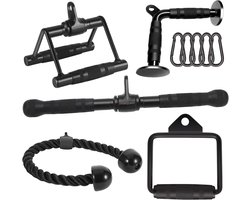 Cable attachments for home gym, LAT pull-down equipment, weight machine accessories, straight pull down bar, V bar, triceps rope, spinning row handle, stirrup handle
