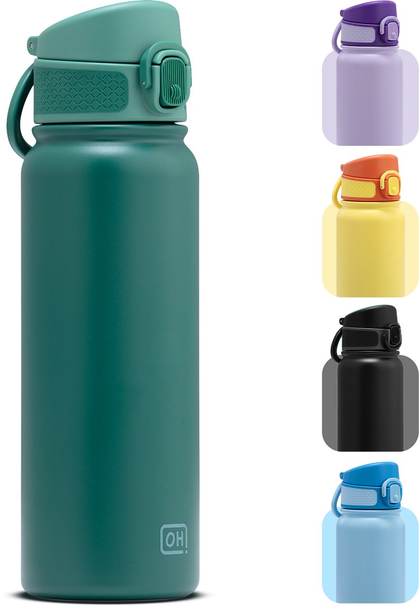 BentOH! RVS Waterfles 600ml Kinderen & Volwassenen - Groen - Anti-overloop & Lekvrij – Met Eén Hand te Openen – BPA-vrij & Vaatwasserbestendig