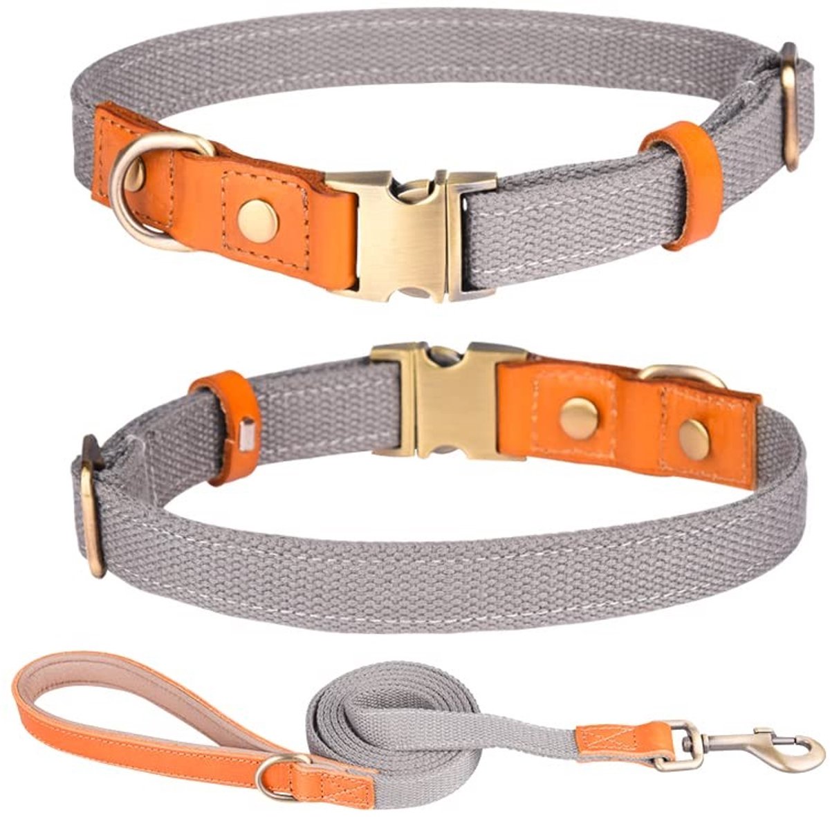 aladdien - Nylon halsband - Verstelbaar - Metalen veiligheidsgesp - Grijs - Hondenriem set - Geschikt voor kleine en middelgrote honden - Kleur grijs
