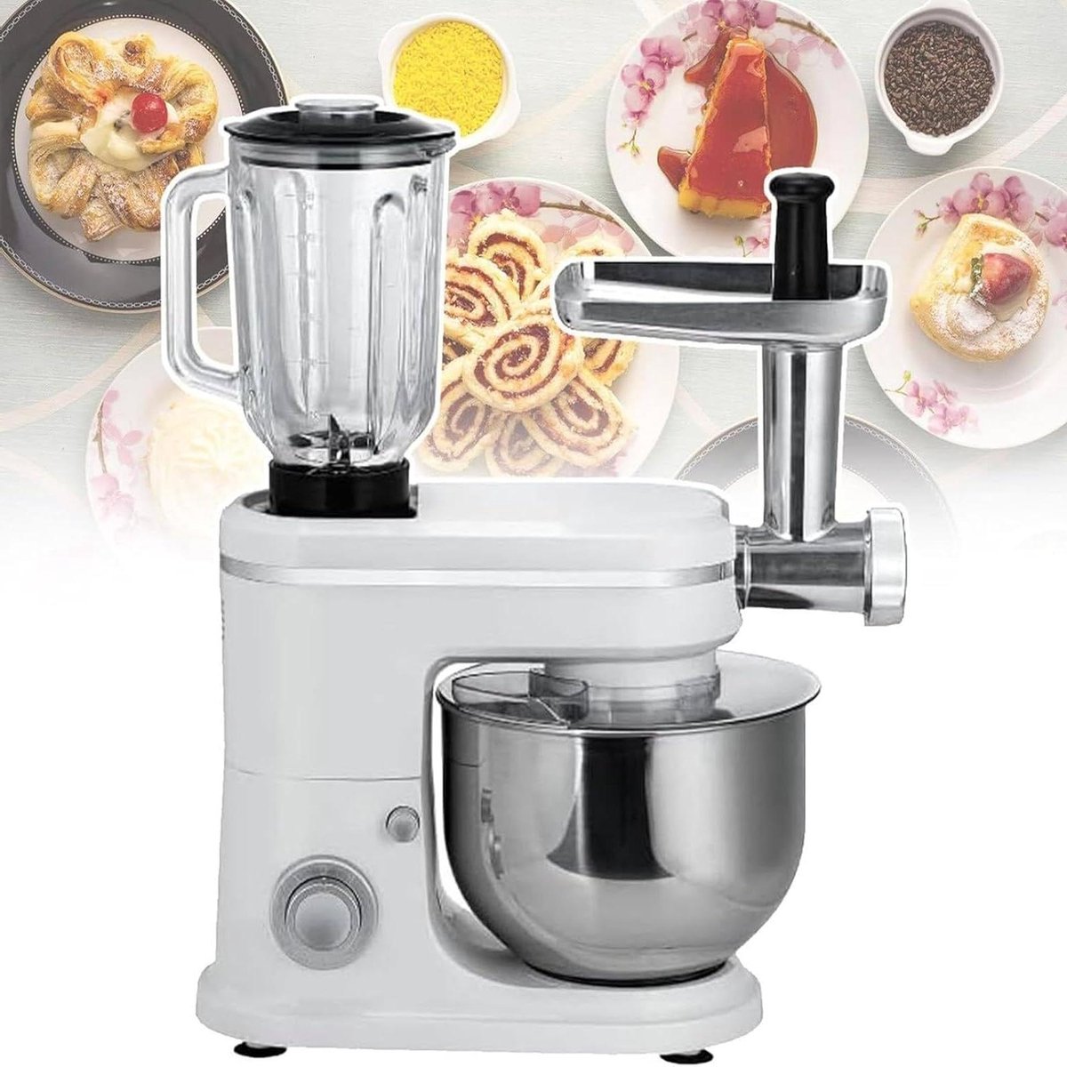 Keukenmachine - Mixer Kom - Bakken Maken - 3-in-1 Hulpstukken - 6L Kom - Zilver