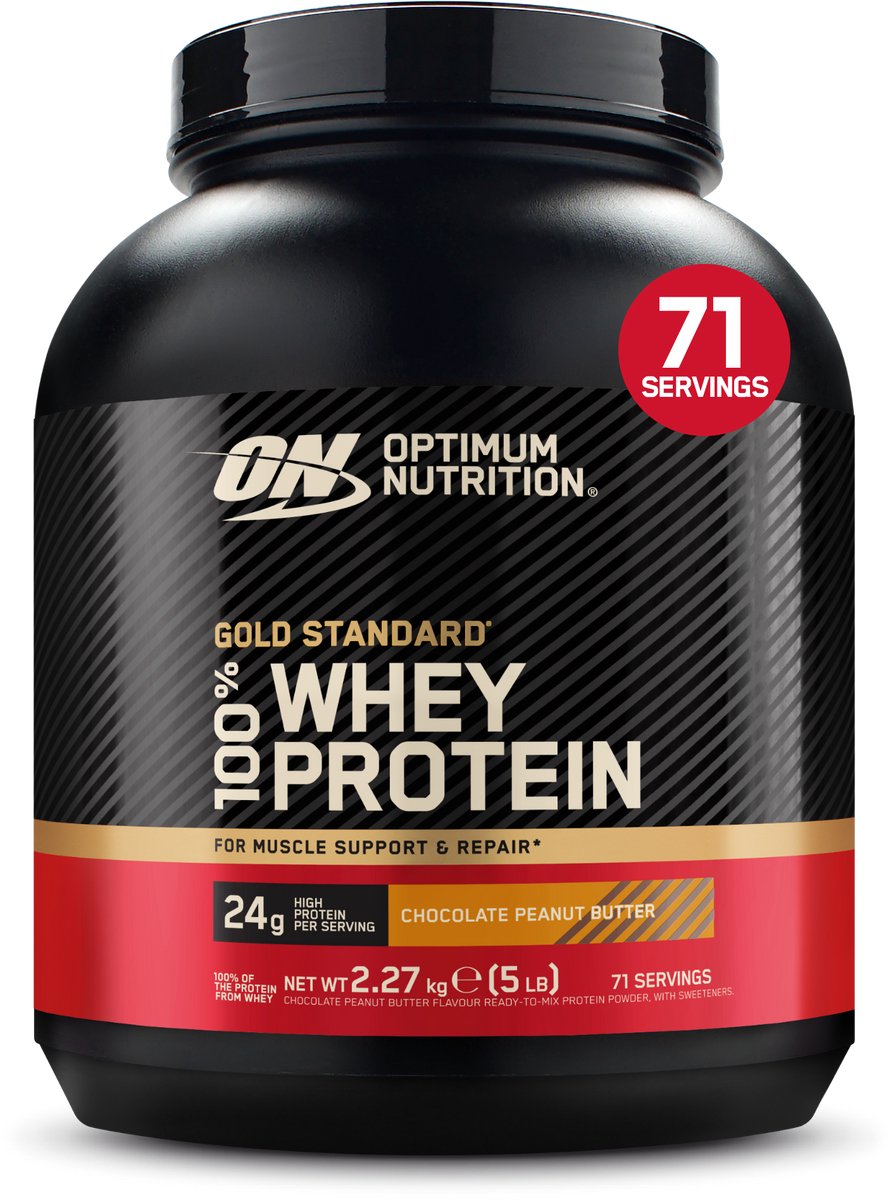 Bol.com Optimum Nutrition Gold Standard 100% Whey Protein - Chocolate Peanut Butter - Proteine Poeder - Eiwitshake - 2270 gram (... aanbieding