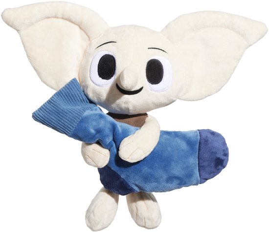 Pluche figuur met grote oren, witte vacht en blauwe sok, 29x37x10 cm.