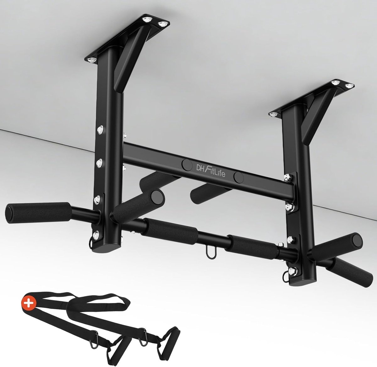 DH FitLife Pull-up Bar - 4-in-1 plafondmontage - Multifunctionele thuis pull-up bar voor krachttraining - 8 antislip handgrepen - 3 oogjes voor bokszak & suspension trainer, stabiel tot 200 kg