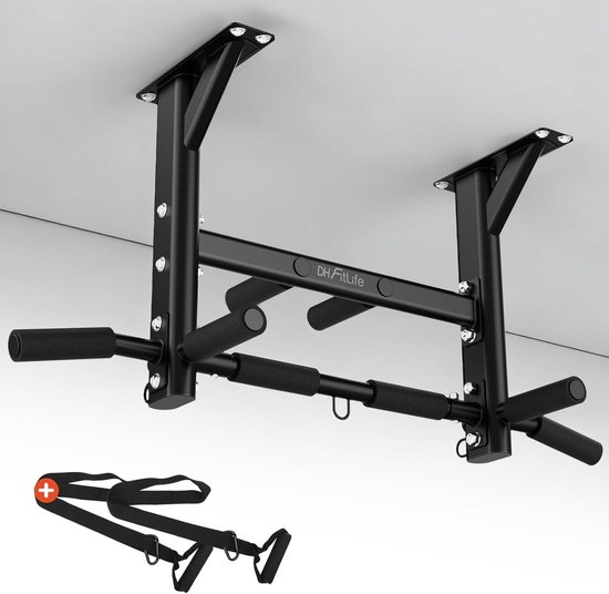 DH FitLife Pull-up Bar - 4-in-1 plafondmontage - Multifunctionele thuis pull-up bar voor krachttraining - 8 antislip handgrepen - 3 oogjes voor bokszak & suspension trainer, stabiel tot 200 kg
