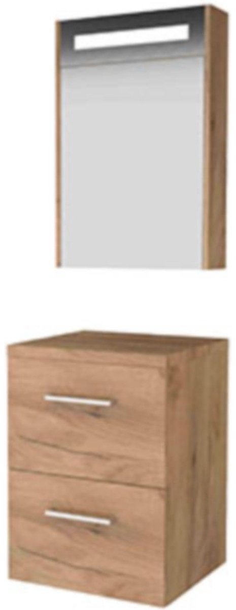 Basic-Line Premium 46 Badkamermeubelset - 50 x 46 cm - Met Grepen - 2 Lades - Wastafelblad - Spiegelkast met LED Verlichting - Whisky Oak