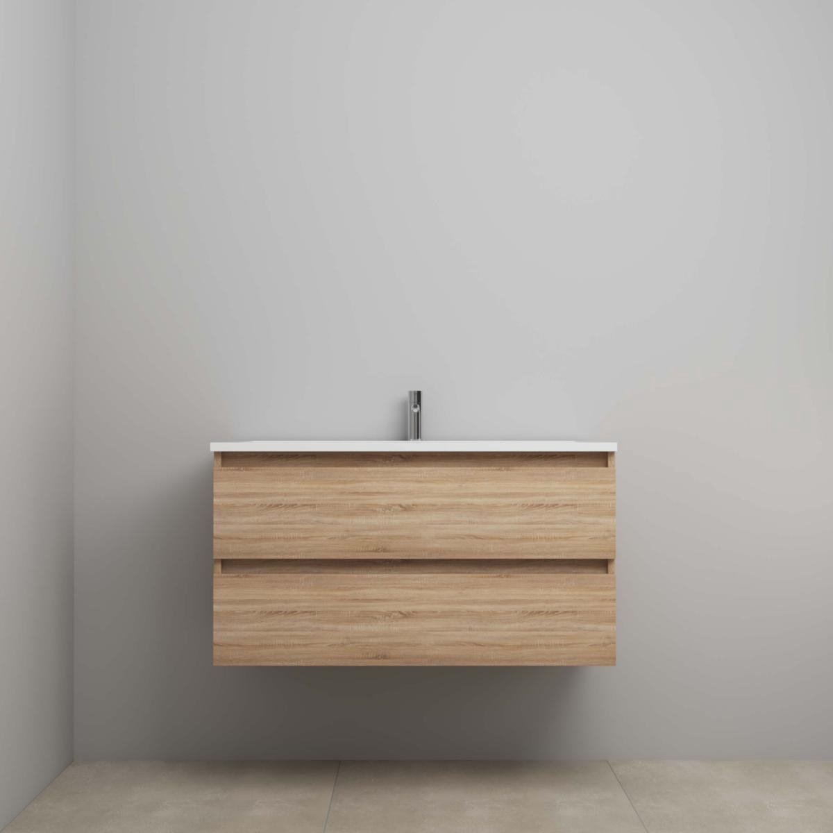 On-Line Onderkast - 100 cm - Voorgemonteerd - Acryl Wastafel - 1 Kraangat - Eiken