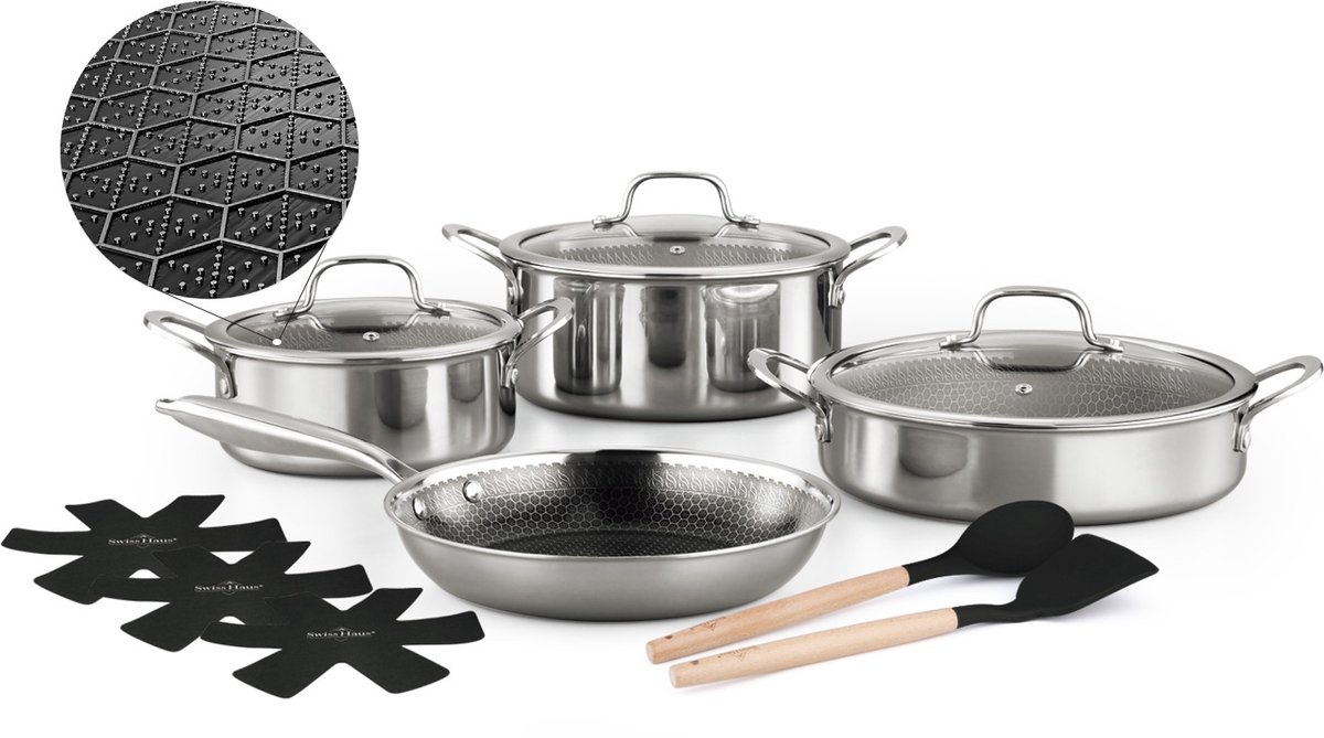 Swiss Haus® ZG1012 Pannenset Inductie - 12 Delige Pannensets - PFAS Vrij - Set Met Koekenpan, Kookpotten, Hapjespan - Pannen Voor Alle Warmtebronnen - Pan met Honingraat Anti-aanbak - RVS