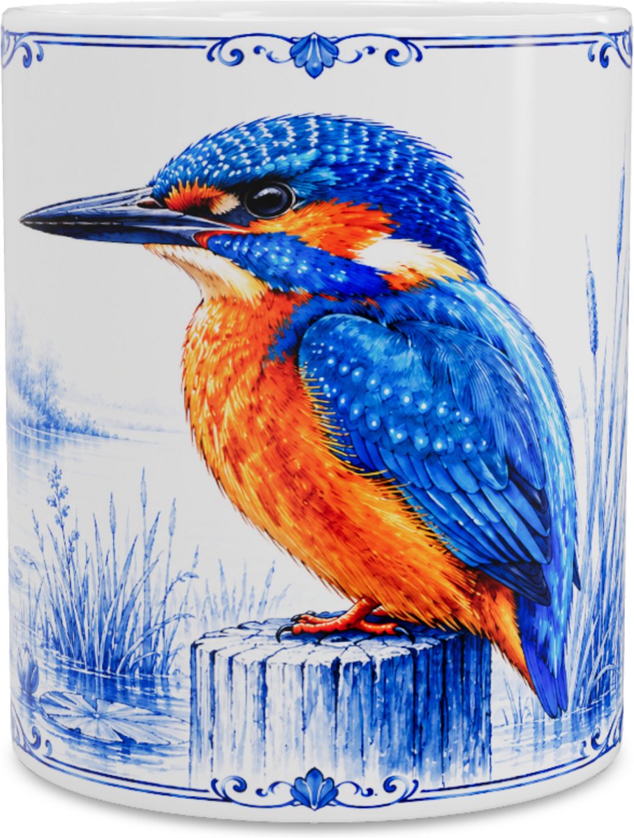 Mok IJsvogel (Alcedo atthis) - Delfts Blauw Portret - Cadeau voor Vogelliefhebber