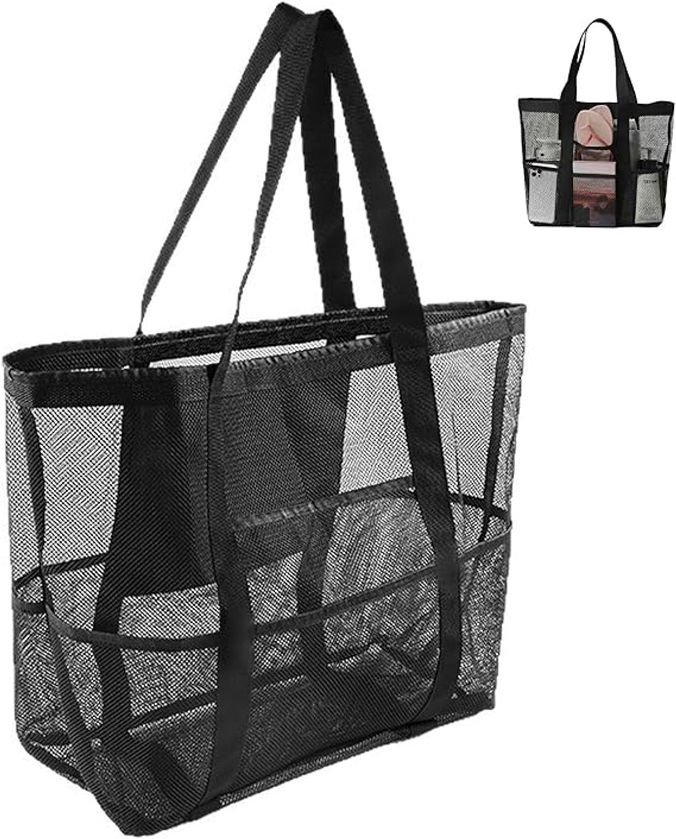 Damesstrandtas – Mesh Tote Bag – Grote inhoud – Te dragen als schouder- of handtas – Gym- & sporttas – Ideaal voor strand, reizen, fitness en zwemmen – Zwart