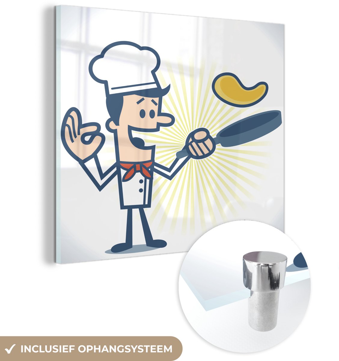 ® Glasschilderij 20x20 cm - Schilderij acrylglas - Illustratie van een chef kok met een br