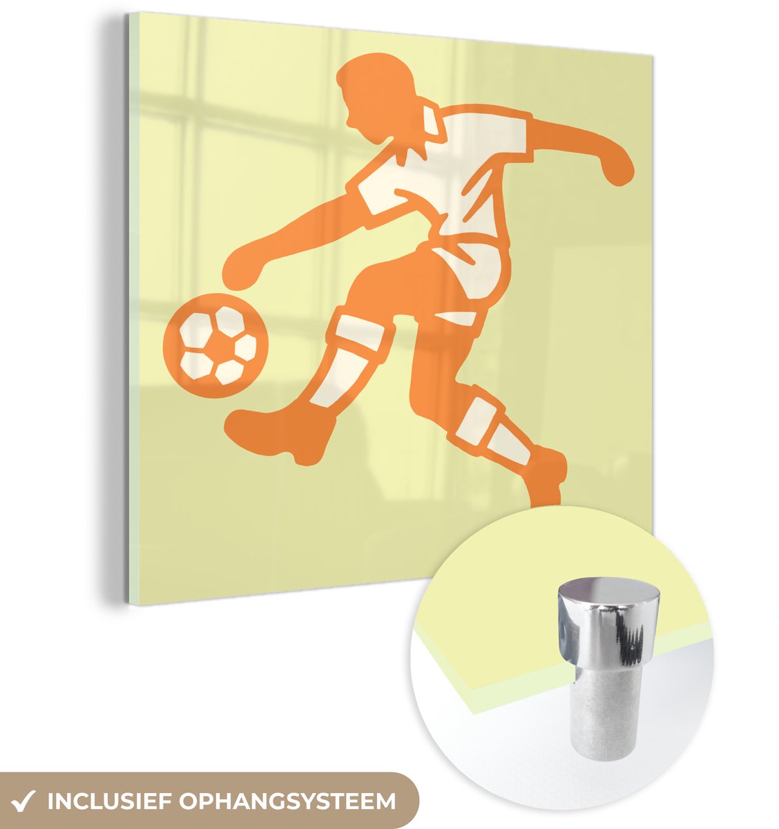 ® Glasschilderij 20x20 cm - Schilderij acrylglas - Een illustratie van een persoon die de voetbal aanneemt - Jongens - Meisjes - Kinderen - Foto op glas - Muurdecoratie woonkamer - Wanddecoratie slaapkamer - Schilderijen