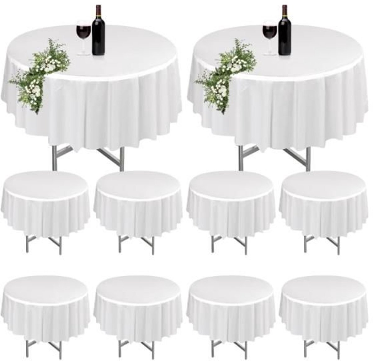 Een set van 10 ronde, witte, wasbare tafelkleden, Geschikt voor tuintafels, gemaakt van polyester, ook te gebruiken als tafelhoezen, Geschikt voor bruiloften en andere gelegenheden, diameter 213 cm.
