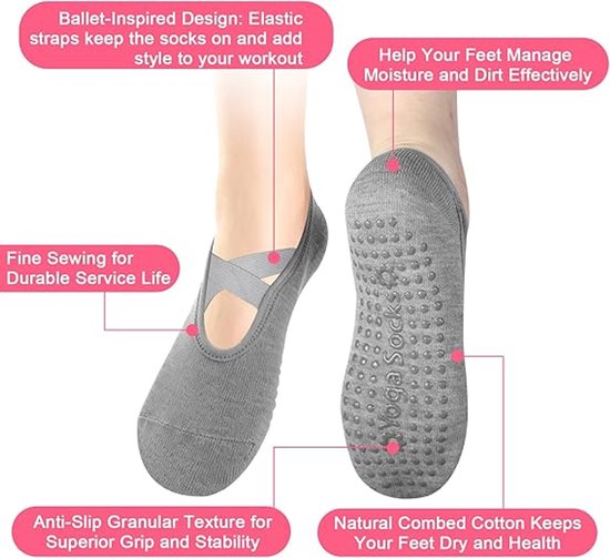3 paar antislip sokken voor dames met siliconen - Pilates-sokken voor dames (zwart, grijs, roze), antislipontwerp, ideaal voor yoga, reformer, dans en fitness van Merkloos — afbeelding 4