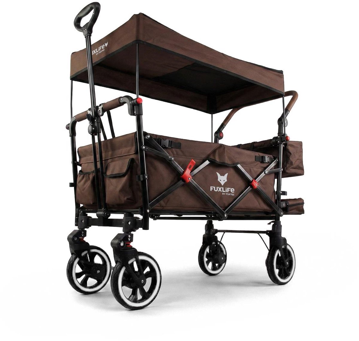 Bol.com FUXLIFE by FUXTEC CT850 Bolderkar Kinderwagen - Opvouwbaar - Bruin | Comfortabel & Veilig - Met Zonnedak & Handkar - Max... aanbieding