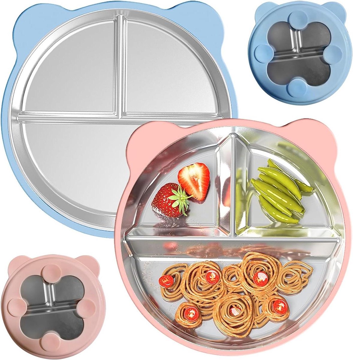 Babyborden met zuignap - Kinderborden set - Zelfstandig eten - BPA-vrij roestvrij staal - 2 stuks - Roze en blauw