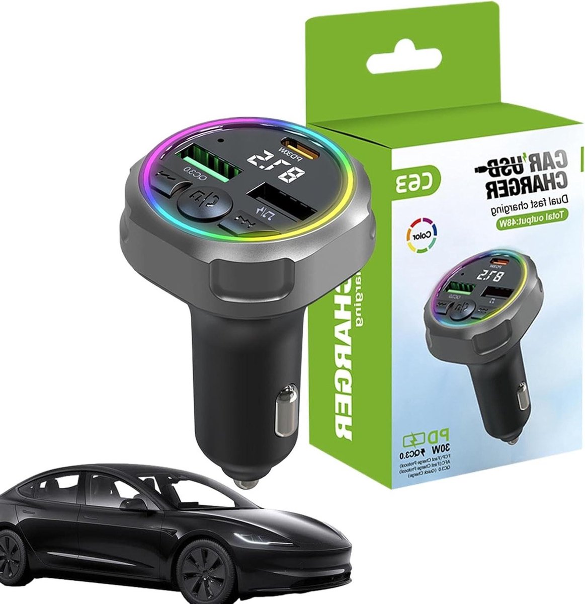 Auto MP3-speler - FM-zender - Muziek Streamen - Snellader PD QC3.0 - 30W - Zwart