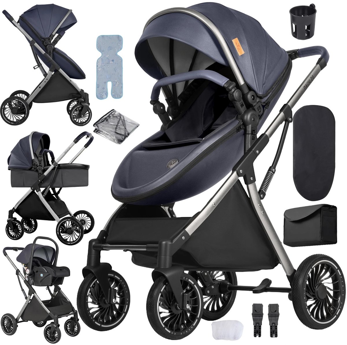Deluxe 3-in-1 Kinderwagen – Volledig Reissysteem met Wieg & Autostoel – Veilig en Comfortabel - Donkerblauw