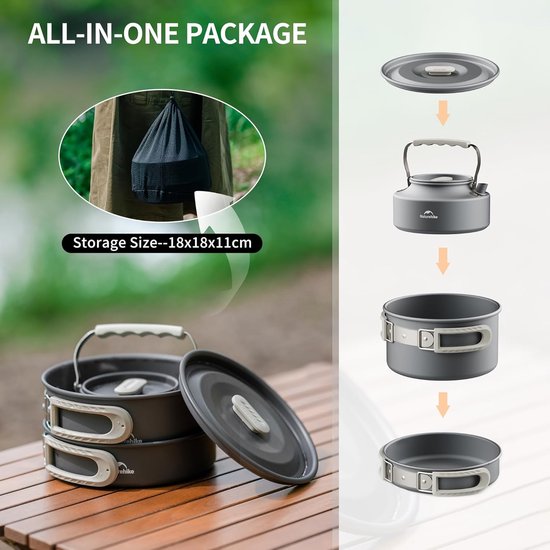 Camping kookset 2-4 personen lichtgewicht pannenset met ketel en koekenpan compact 3 delig aluminium — afbeelding 5