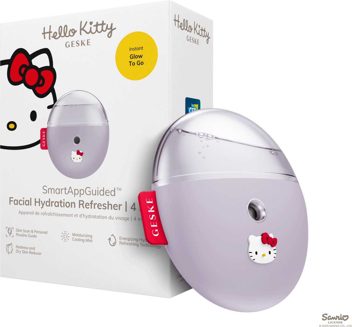 GESKE x Hello Kitty | SmartAppGuided™ Facial Hydration Refresher | 4 in 1 | Waterverstuiver | Gezichtsstomer | Facial mist | Gezichtsreinigingsapparaat | Mist | Huidcosmetica | Natuurlijke glans