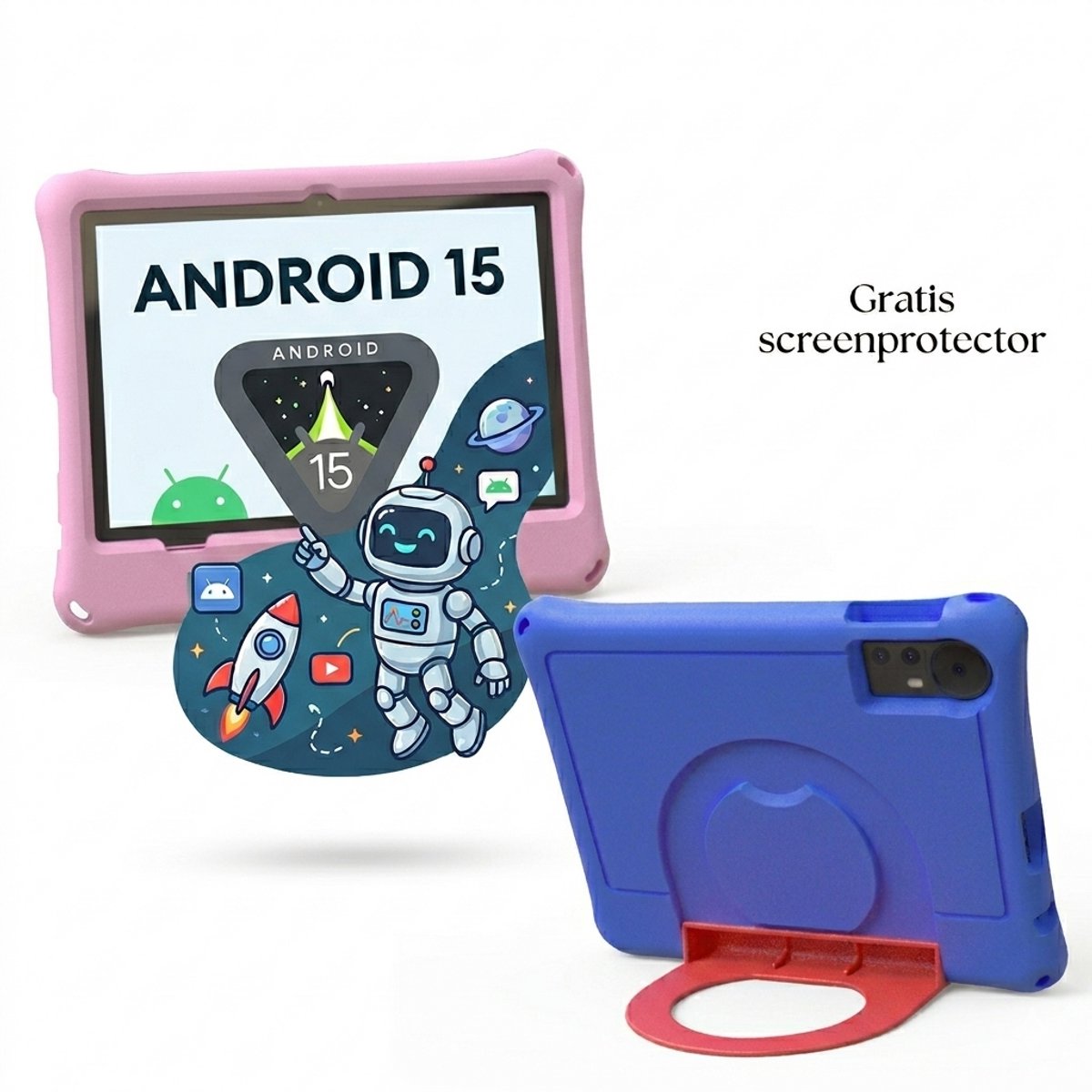 KidsTab Pro 10 Inch — Kindertablet — Android 15.0 — 8GB RAM (4+4) — 32GB — Inclusief Schokbestendige Hoes & Standaard — Blauw/Roze