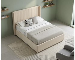 Fluwelen Opbergruimte Bed 120x200 cm met Hydraulische Lift - Gestoffeerd Tweepersoonsbed / Twijfelaar met Lattenbodem, Groot Hoofdeinde & Velvet Beige - Mobili Bella