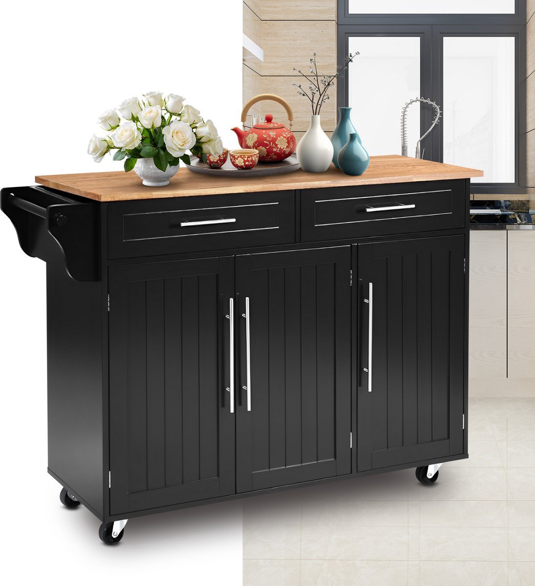 Keukeneiland - Verplaatsbaar - Keukenkast - Dressoir - Organizer - Kasten - Houten Werkblad - 2 Deuren - Zwart