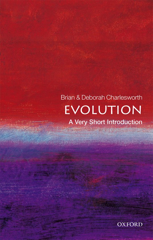 Boek 'Evolution A Very Short Introduction' met een abstracte rode, blauwe en paarse omslag.