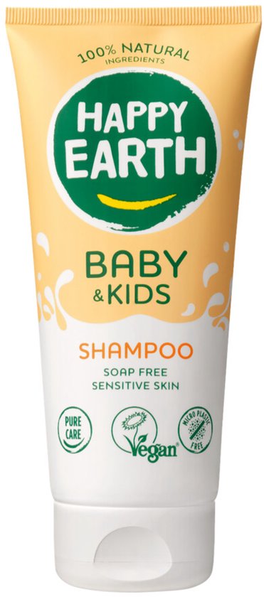 Gele tube Happy Earth Baby & Kids shampoo, met logo en tekst 'soap free sensitive skin'.