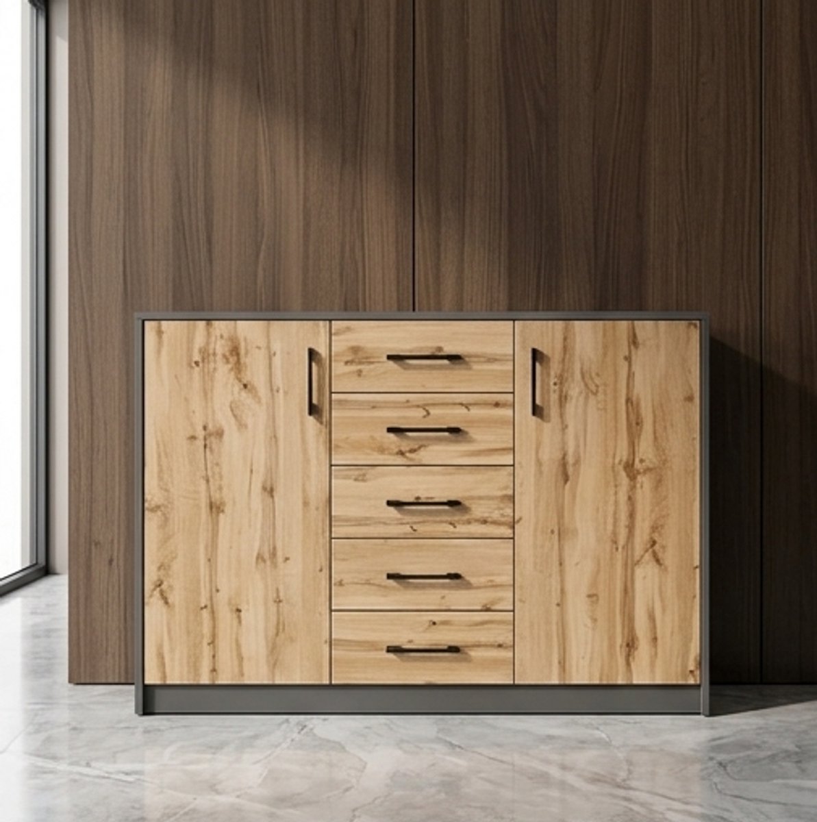 Moderne Commode 2 Deuren 5 Laden – Robuuste Opbergkast met Deuren en Lades – Antraciet Grijs & Wotan Eiken – Slaapkamer, Woonkamer & Hal Ladekast – Mobili Bella