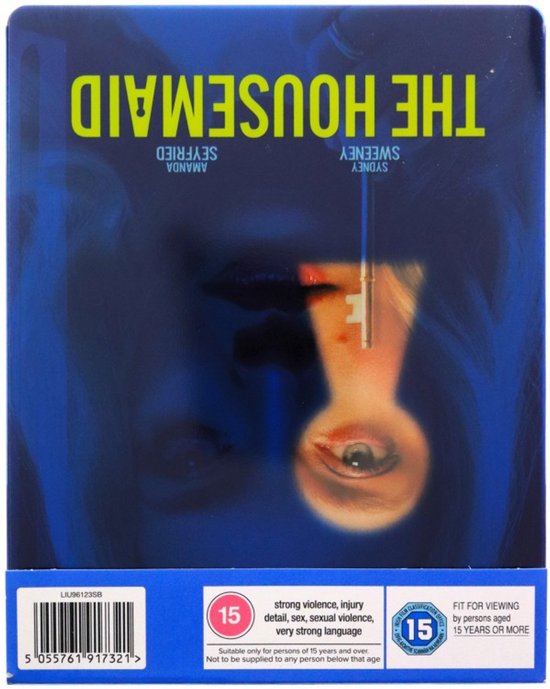 De achterkant van de "The Housemaid" Blu-ray met classificatie 15. Tekst met "strong violence, injury detail, sex, sexual violence, very strong language".