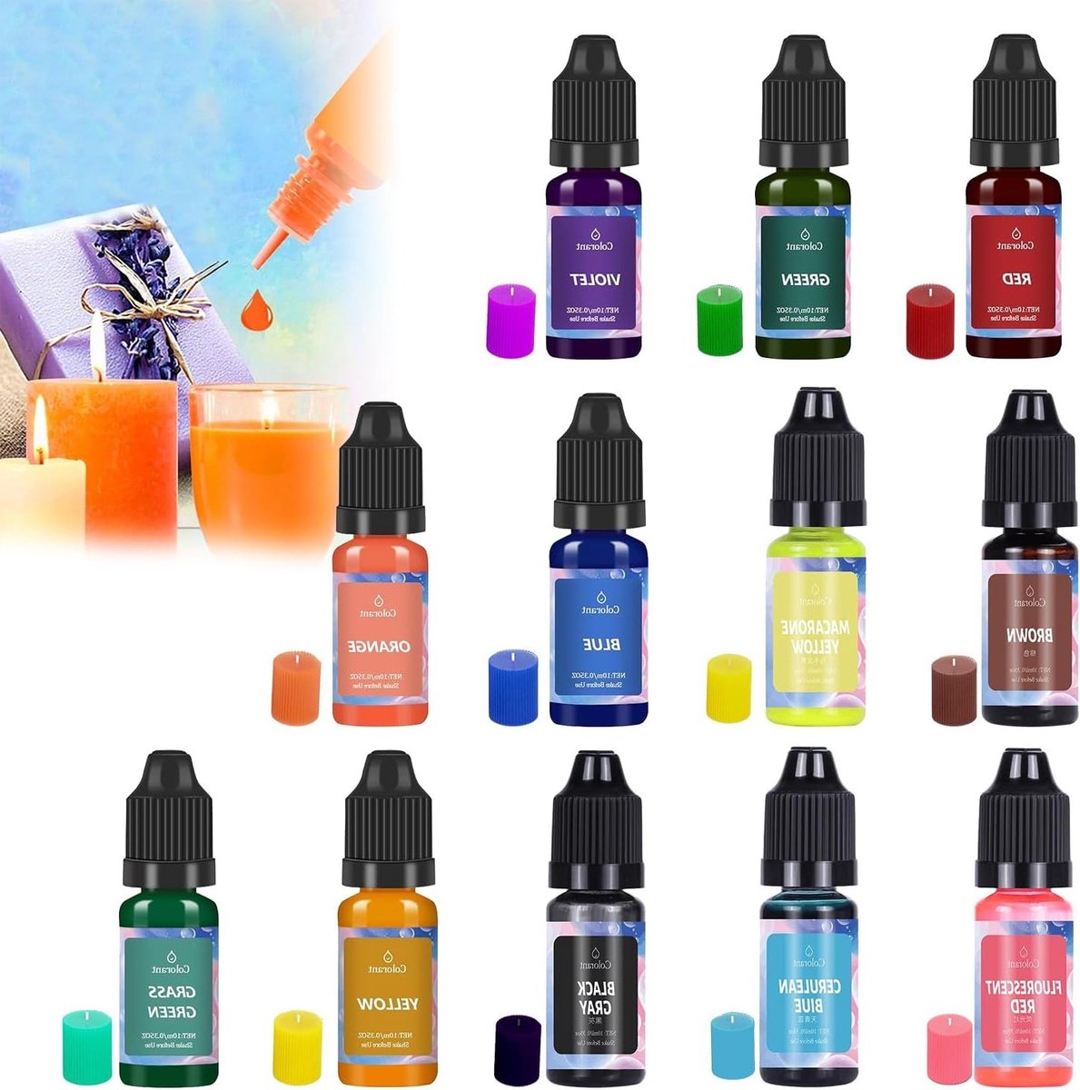 Kleurstoffen voor Kaarsen in 12 Kleuren, 10ml Vloeibare Kleur voor Was, Hooggeconcentreerd