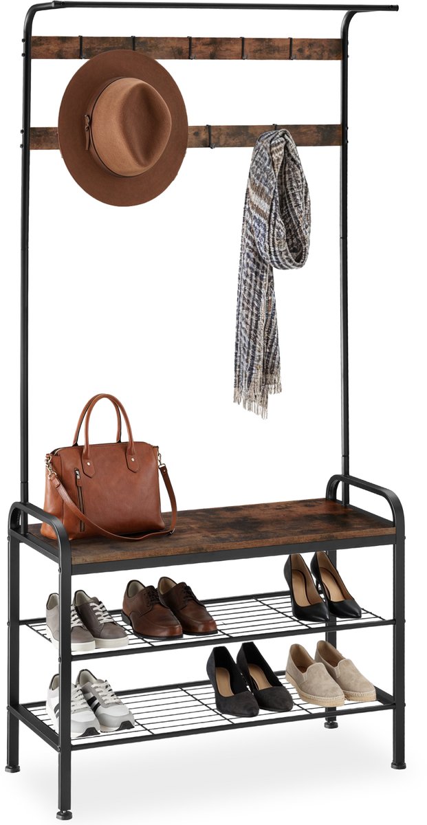 tectake® Kapstok met houten zitting - Kapstok met 9 haken - Inclusief schoenenrek met 2 roosterplanken - Industrieel design - Zwart metalen frame - Afmeting (LxBxH) 73,5 x 36 x 184 cm - Donkerbruin