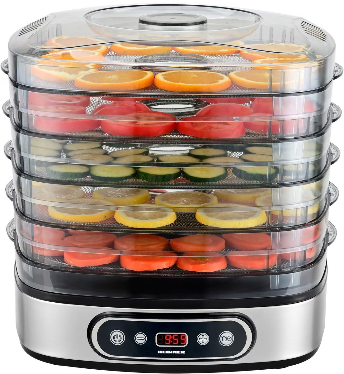 Heinner FreshDehydrate Voedseldroger / Droogoven / Dehydrator – Voor Fruit, Groente, Kruiden & Vlees – 5 Lagen met Verstelbare Hoogte – LED-display – Digitale Timer – Temperatuurregeling 35–70°C – BPA-vrij – 380W – Zwart/RVS
