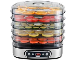 Heinner FreshDehydrate Voedseldroger / Droogoven / Dehydrator – Voor Fruit, Groente, Kruiden & Vlees – 5 Lagen met Verstelbare Hoogte – LED-display – Digitale Timer – Temperatuurregeling 35–70°C – BPA-vrij – 380W – Zwart/RVS