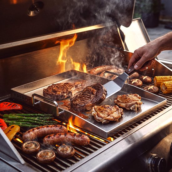 AREBOS RVS Plancha 40x30 cm 800°C BBQ Bakplaat met 2 Spatels 5 Spiezen LFGB — afbeelding 3
