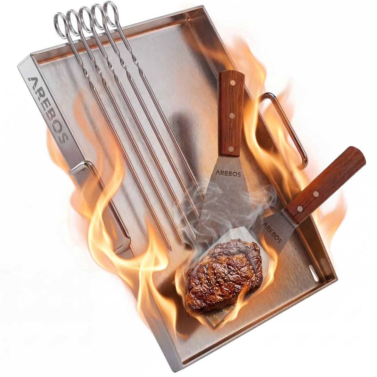 AREBOS RVS Plancha 40x30 cm 800°C BBQ Bakplaat met 2 Spatels 5 Spiezen LFGB