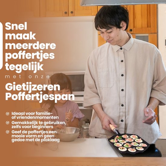 Een vader en dochter maken poffertjes in een gietijzeren poffertjespan. Een meisje klopt in een kom.