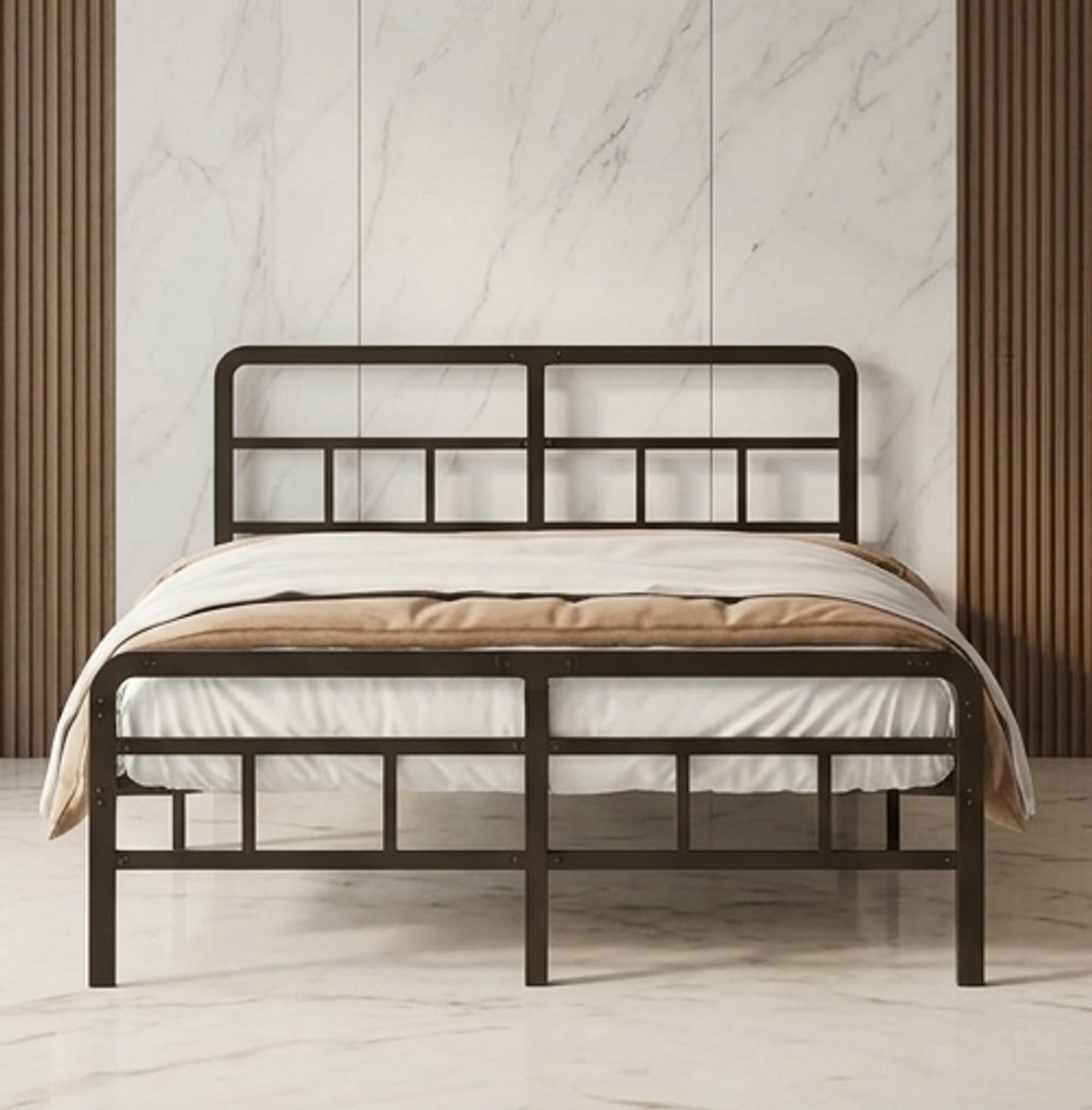 Luxe 140x200 cm Metalen Bedframe met Gebogen Hoofdeinde & Voeteinde – Stil & Stevig Dubbel Platform Bed met Stalen Lattenbodem – Modern Zwart Slaapkamer Bedframe-Mobili Bella