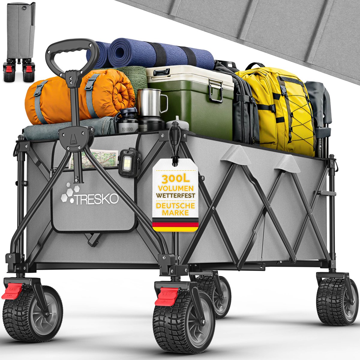 TRESKO® Bolderwagen opvouwbaar 300L met rem | Handwagen inklapbaar 150kg incl. massief rubberen banden | Opvouwbare strandwagen extra brede all-terrain wielen | Transportwagen met draagtas