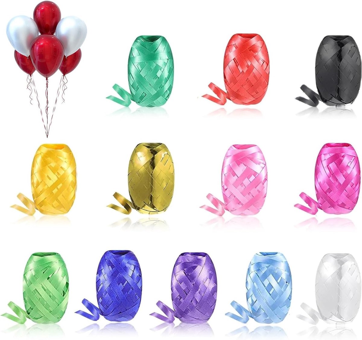 Set van 12 Kleurige Cadeaulinten van 5 mm x 10 Meter per Rol voor Bruiloft, Ballondecoratie en Feestversiering