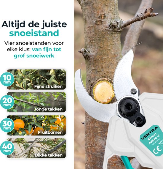 Illustratie van Ventra snoeischaar voor fijne struiken (10mm), jonge takken (20mm), fruitbomen (30mm) en dikke takken (40mm).