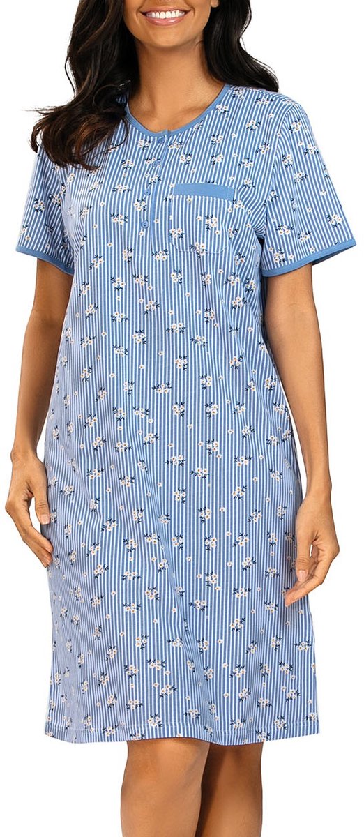 Comtessa Dames Nachthemd Korte Mouw – Blauw Gestreept Bloemen - 100 cm - 100% Katoen blauw, gestreept. bloemenprint