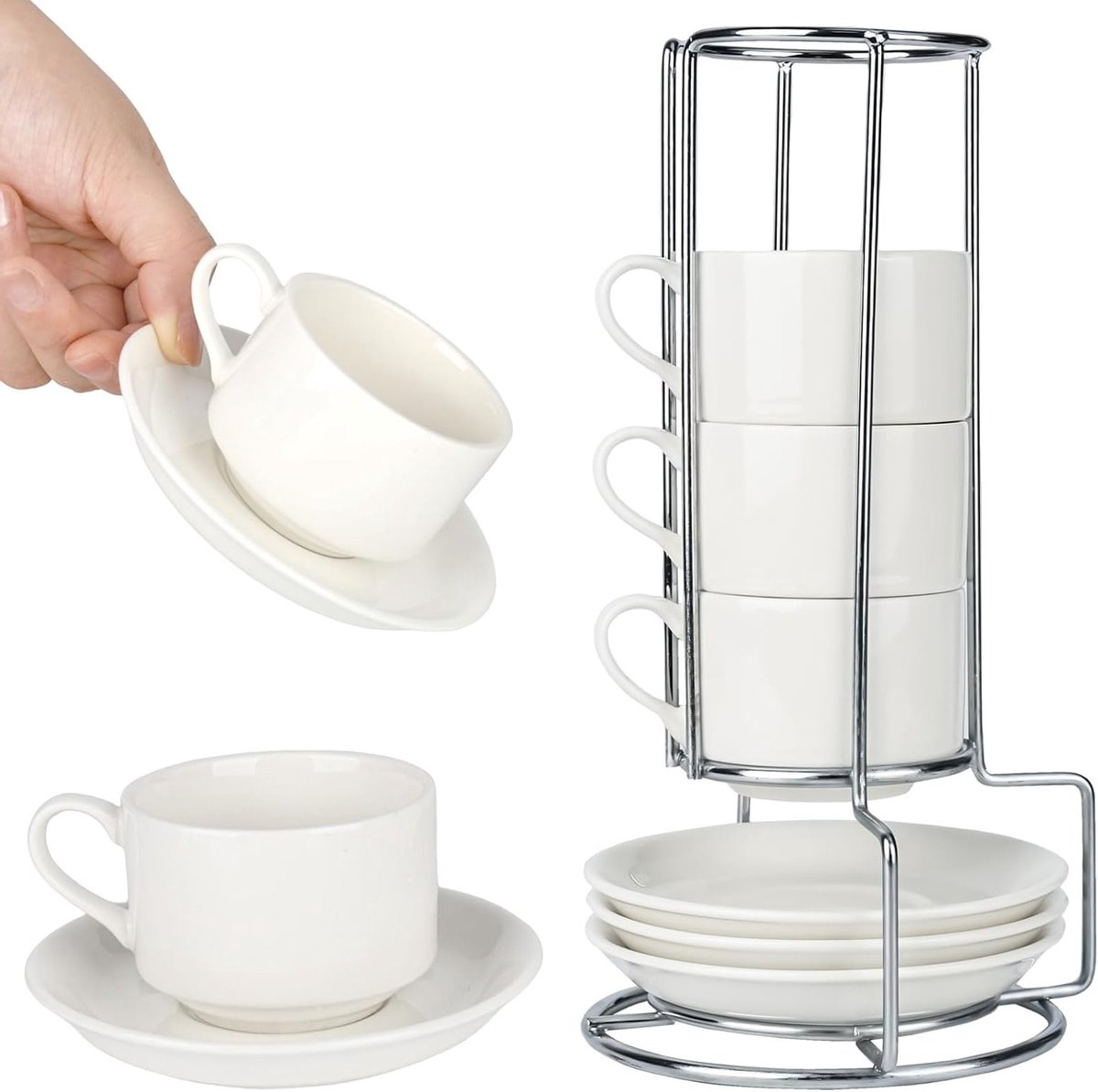 Set van 4 porseleinen espresso kopjes met schotels, vaatwasserbestendig, ideaal voor koffie en espresso genieten