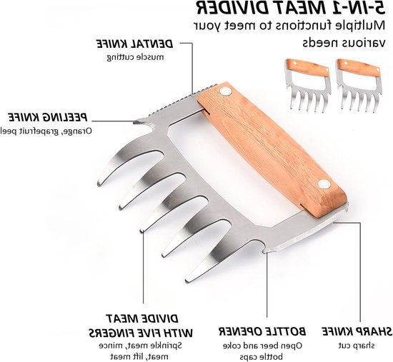 Set van 2 RVS Vleesseparatoren en Vleesklauwen - Multifunctionele Barbecue Accessoires voor Vlees Plukken, Fixeren en Flessen Openen — afbeelding 5