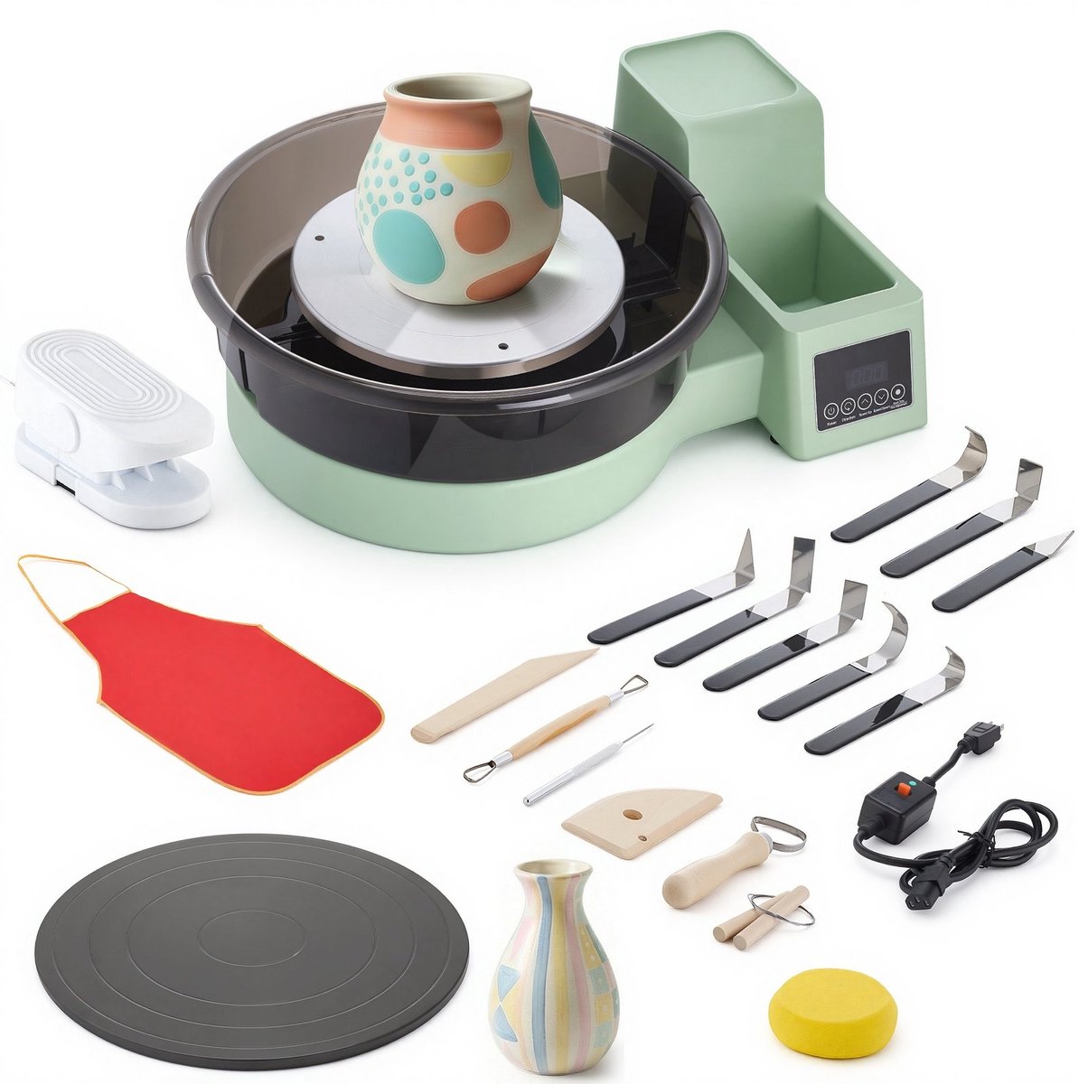 Pottenbakkersschijf - Draaischijf voor keramiek - Elektrisch 450 W - Draaiplateau 28/36 cm - Voetpedaal - Snelheid 30-300 omw/min - Gereedschapskist - Beginnersvriendelijk - Groen
