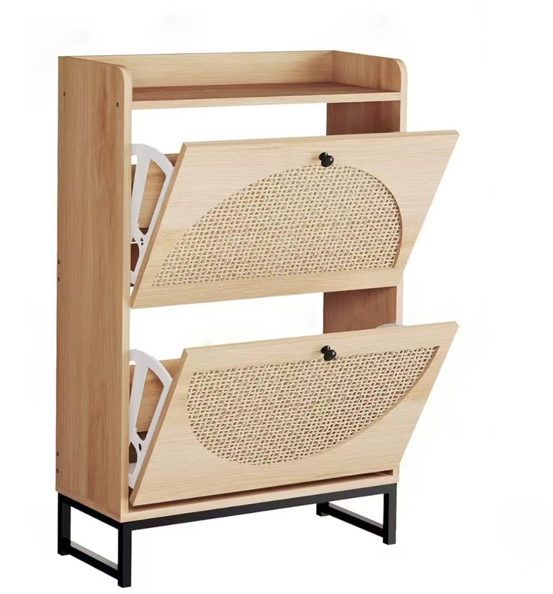 Luxaliving Schoenenkast Rotan – Schoenenrek met 2 Kleppen en Opbergplank – 90x57x24 cm – Smalle Halmeubel Houtlook met Metalen Onderstel – Naturel
