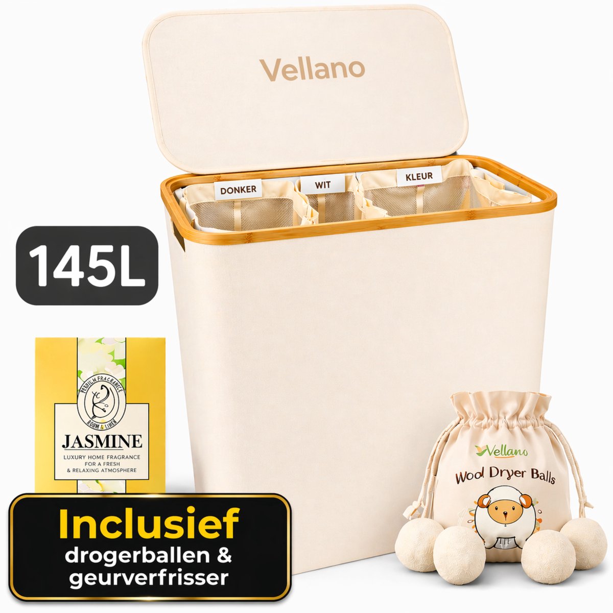 Vellano Wasmand 3 Vakken – Wassorteerder met Deksel – 145L – 3 Uitneembare Waszakken – Bamboe Frame – Incl. Drogerballen & Jasmijn Geurverfrisser
